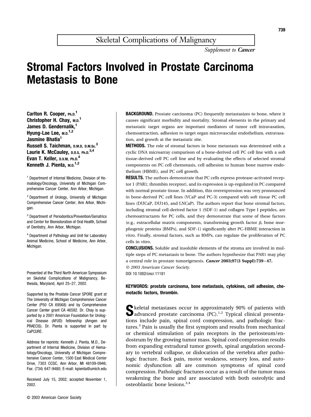 Stromal Factors Involved in Prostate Carcinoma Metastasis to Bone