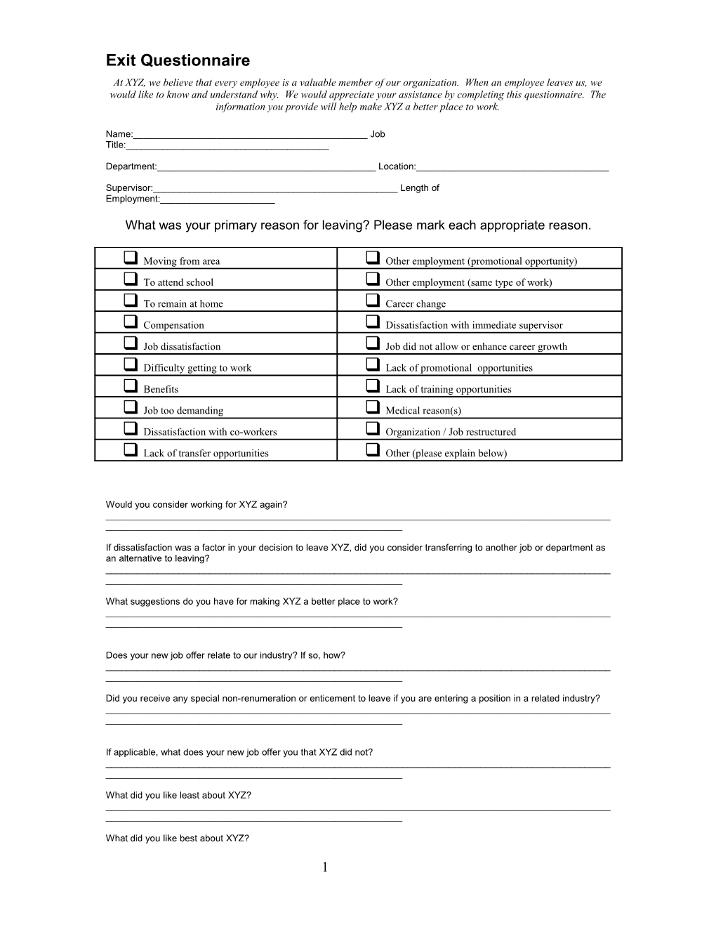 Exit Questionnaire