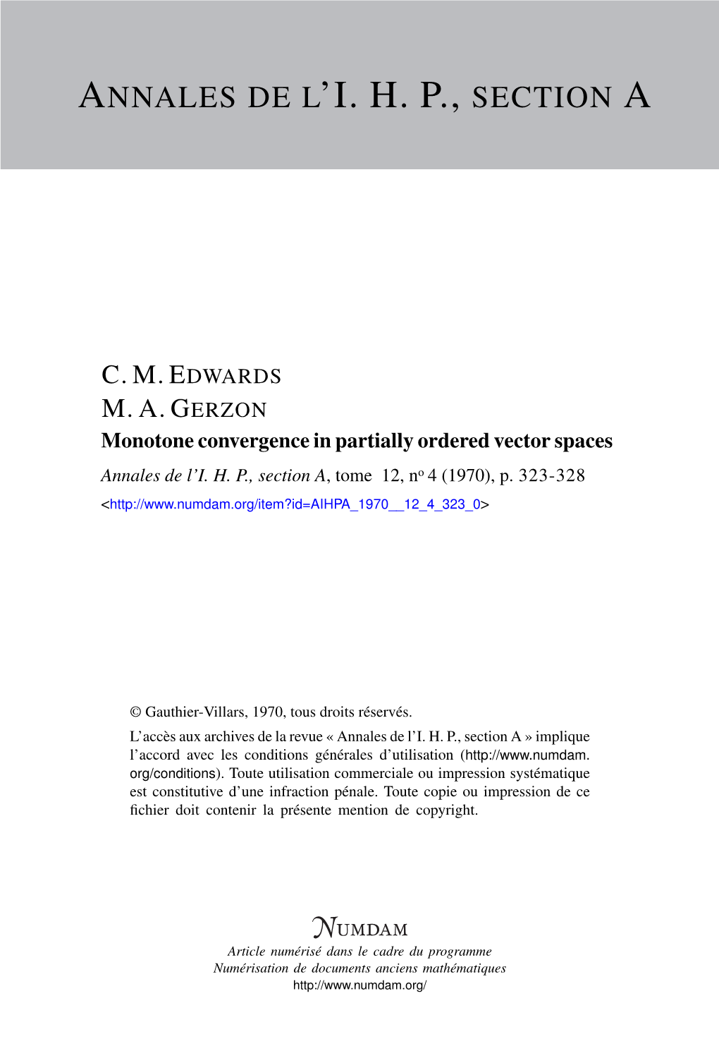 Monotone Convergence in Partially Ordered Vector Spaces Annales De L’I