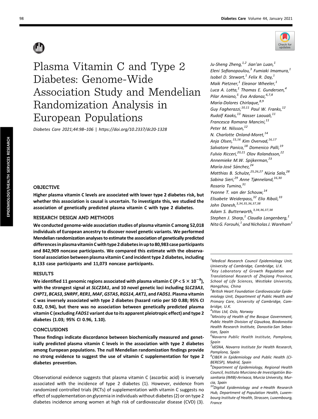 Plasma Vitamin C and Type 2 Diabetes: Genome-Wide