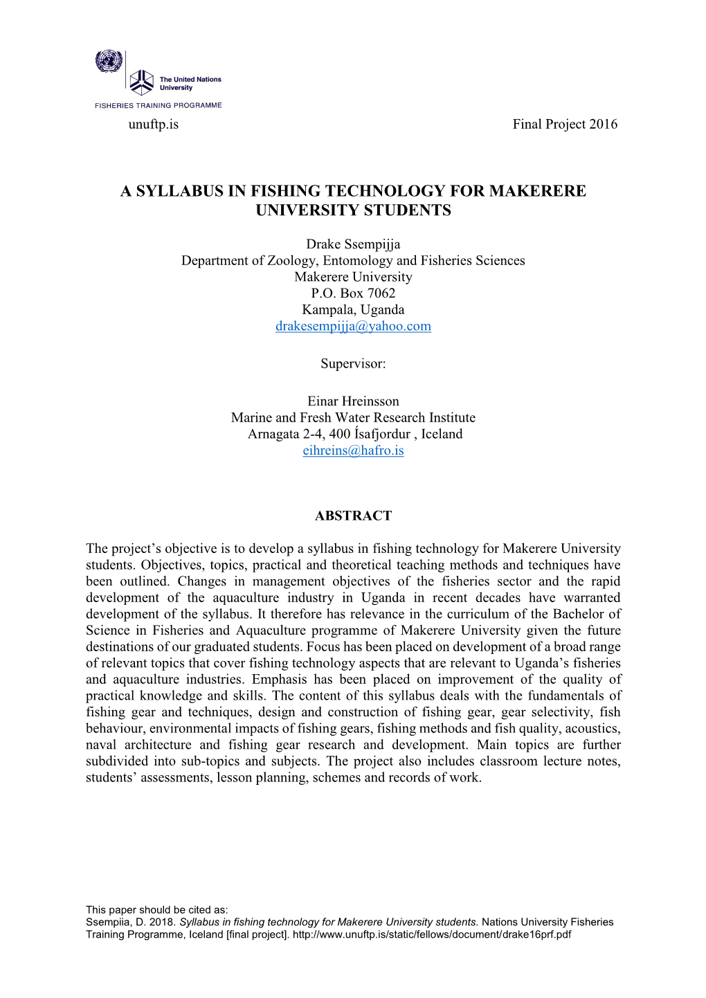 A Syllabus in Fishing Technology for Makerere University Students