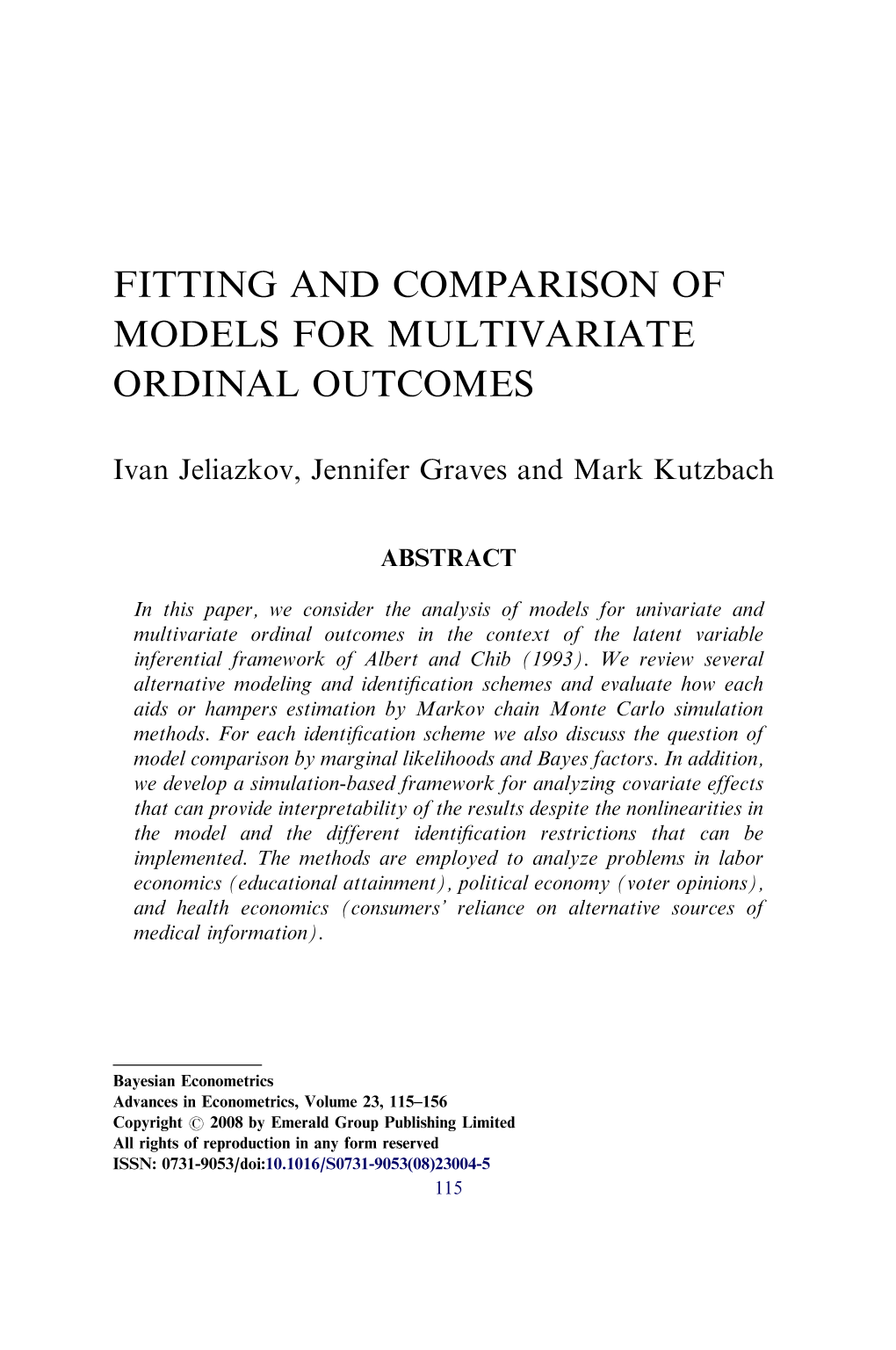 Fitting and Comparison of Models for Multivariate Ordinal Outcomes