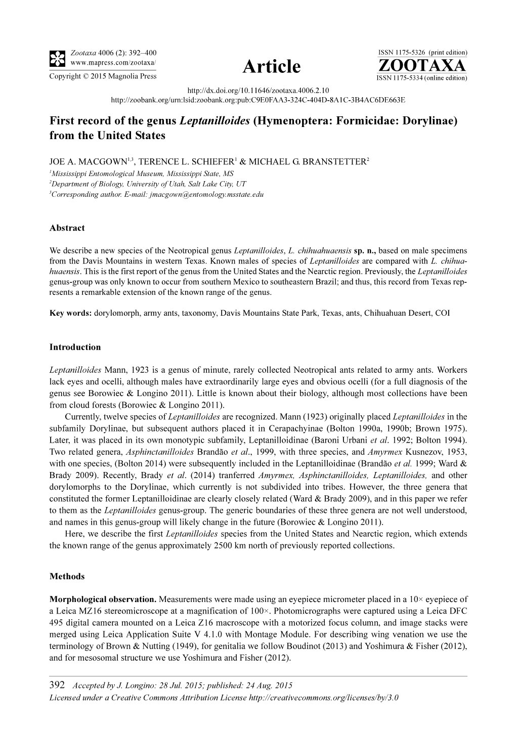 Hymenoptera: Formicidae: Dorylinae) from the United States