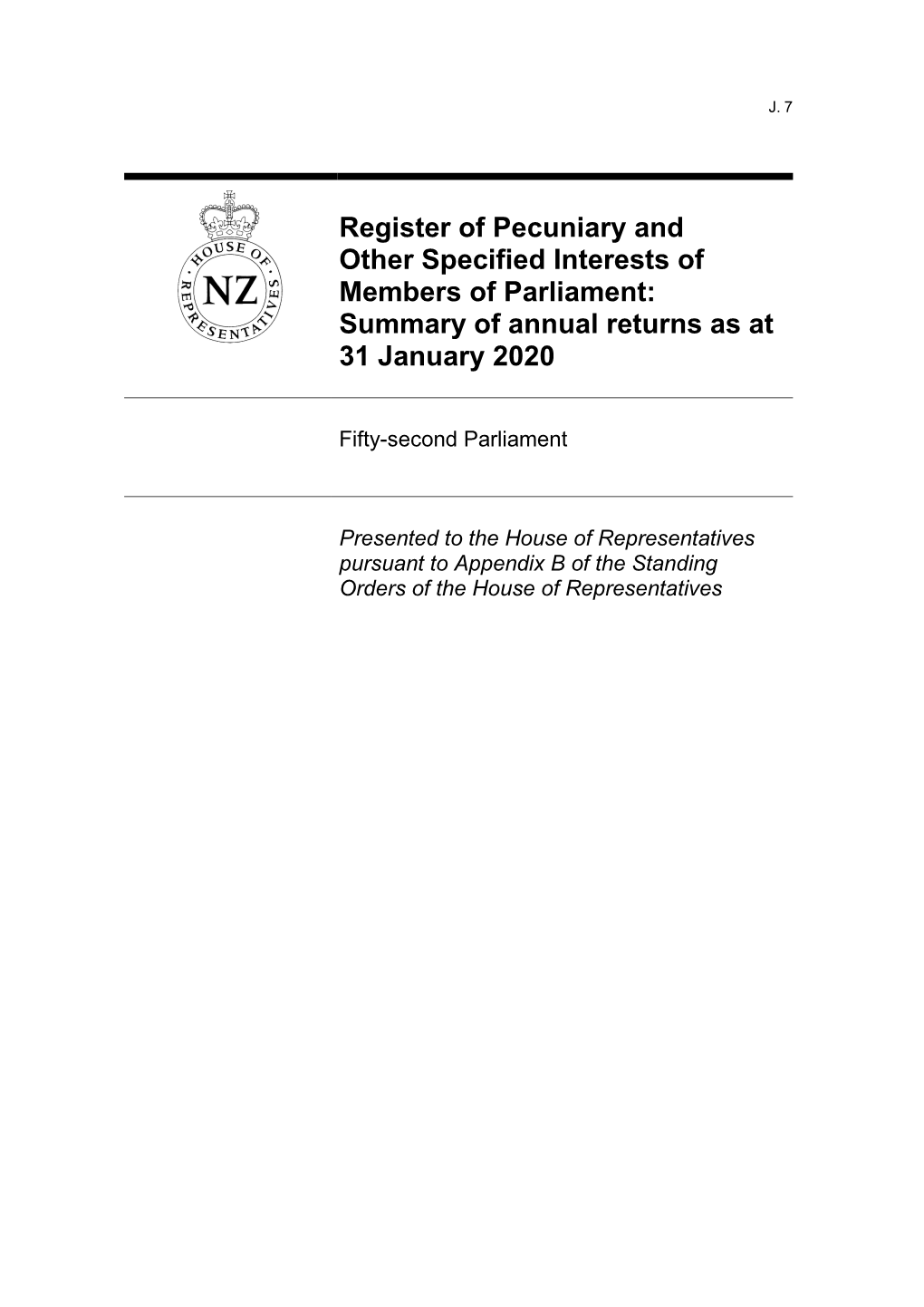 Register of Pecuniary and Other Specified Interests of Members of Parliament: Summary of Annual Returns As at 31 January 2020