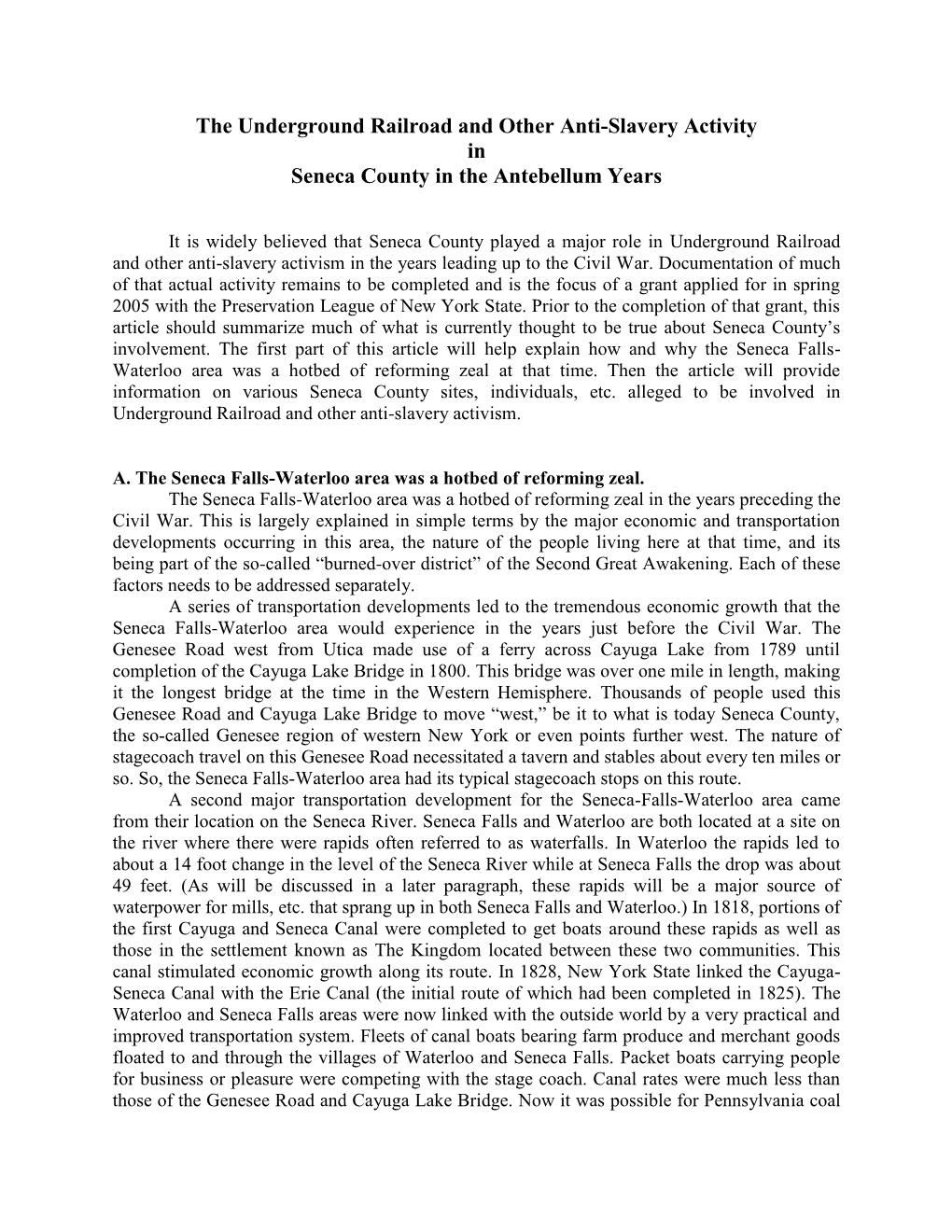 The Underground Railroad and Other Anti-Slavery Activity in Seneca County in the Antebellum Years