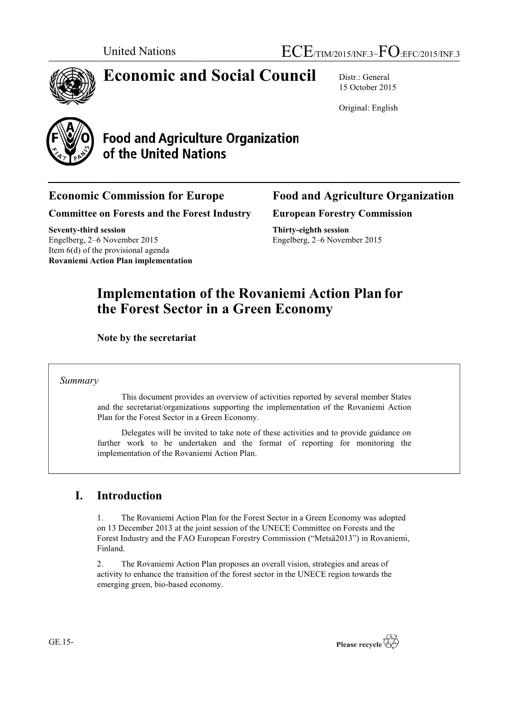 Implementation of the Rovaniemi Action Planfor the Forest Sector in A