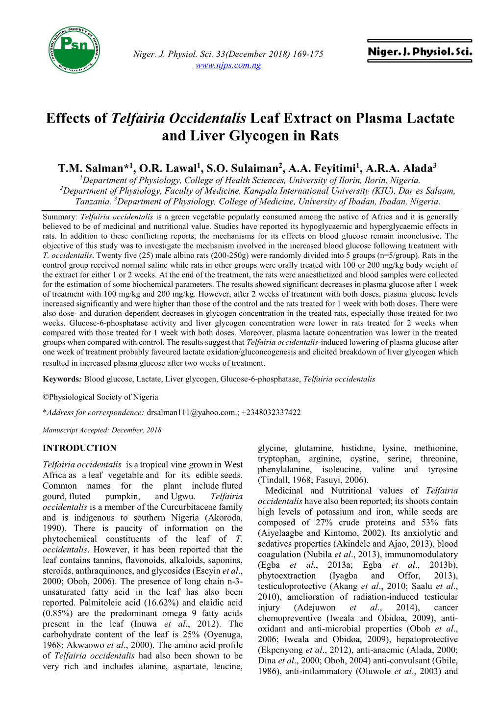 Effects of Telfairia Occidentalis Leaf Extract on Plasma Lactate and Liver Glycogen in Rats