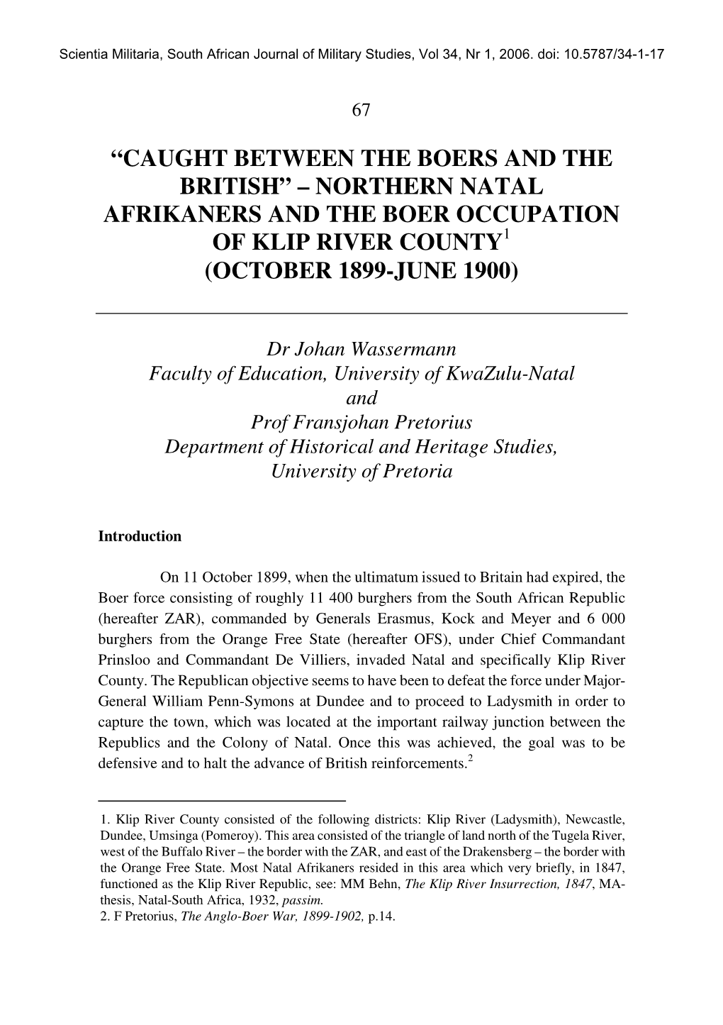 Northern Natal Afrikaners and the Boer Occupation of Klip River County1 (October 1899-June 1900)