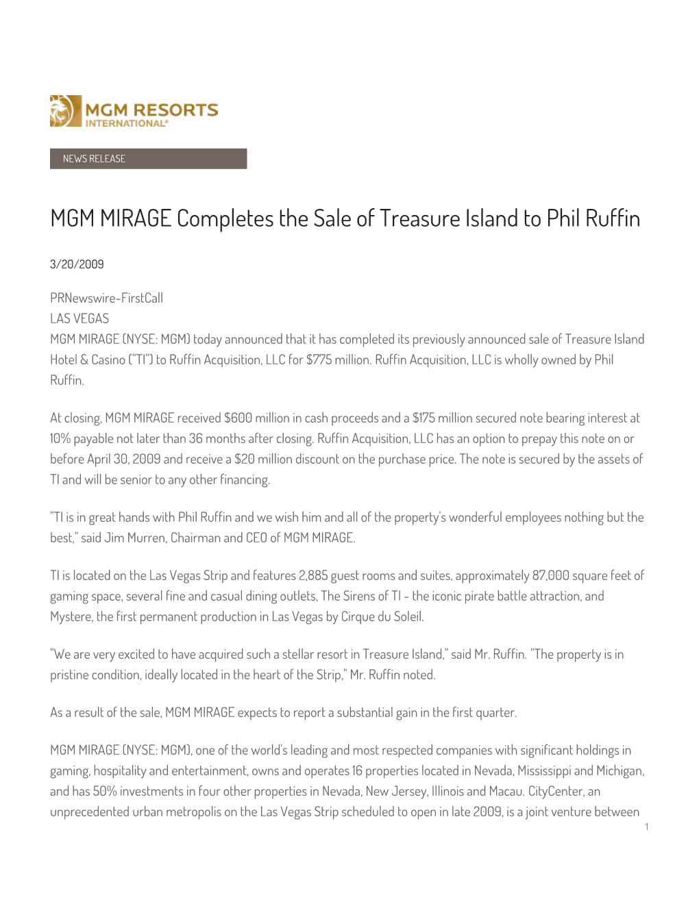 MGM MIRAGE Completes the Sale of Treasure Island to Phil Ruffin