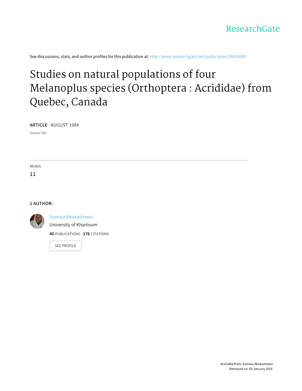 Studies on Natural Populations of Four Melanoplus Species (Orthoptera : Acrididae) from Quebec, Canada