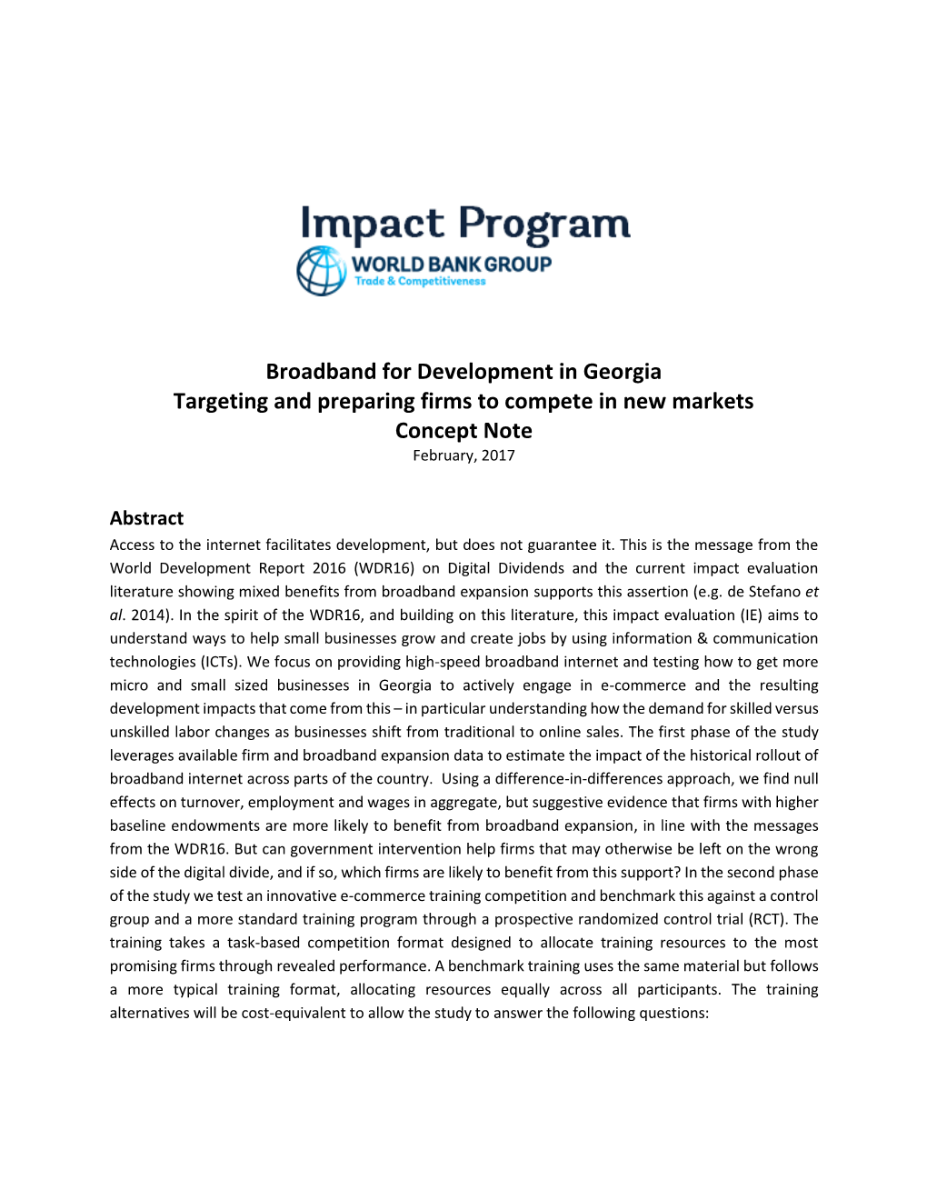 Broadband for Development in Georgia Targeting and Preparing Firms to Compete in New Markets Concept Note February, 2017