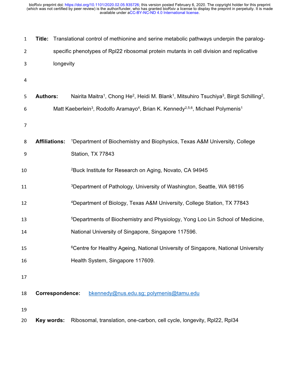 Translational Control of Methionine and Serine Metabolic Pathways Underpin the Paralog