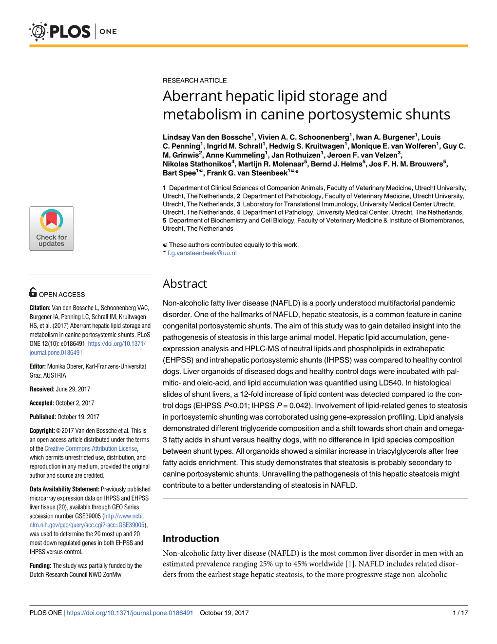 Aberrant Hepatic Lipid Storage and Metabolism in Canine Portosystemic Shunts