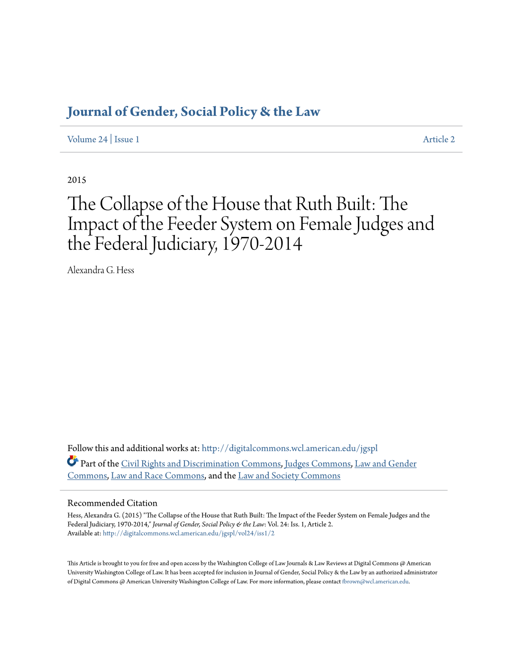 The Impact of the Feeder System on Female Judges and the Federal Judiciary, 1970-2014 Alexandra G