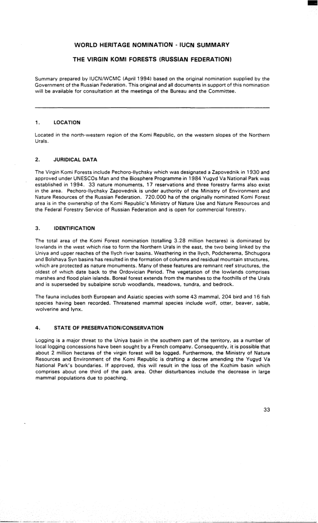 Iucn Summary the Virgin Komi Forests (Russian Federation)