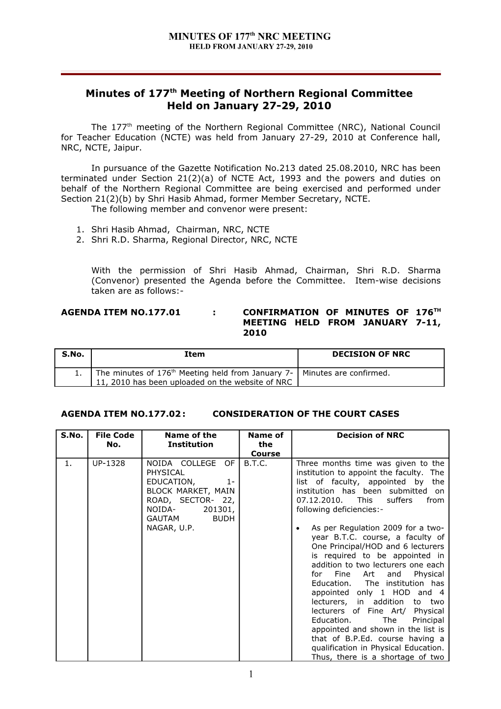 Minutes of 172Nd Meeting of Northern Regional Committee Held on November 12-13, 2010