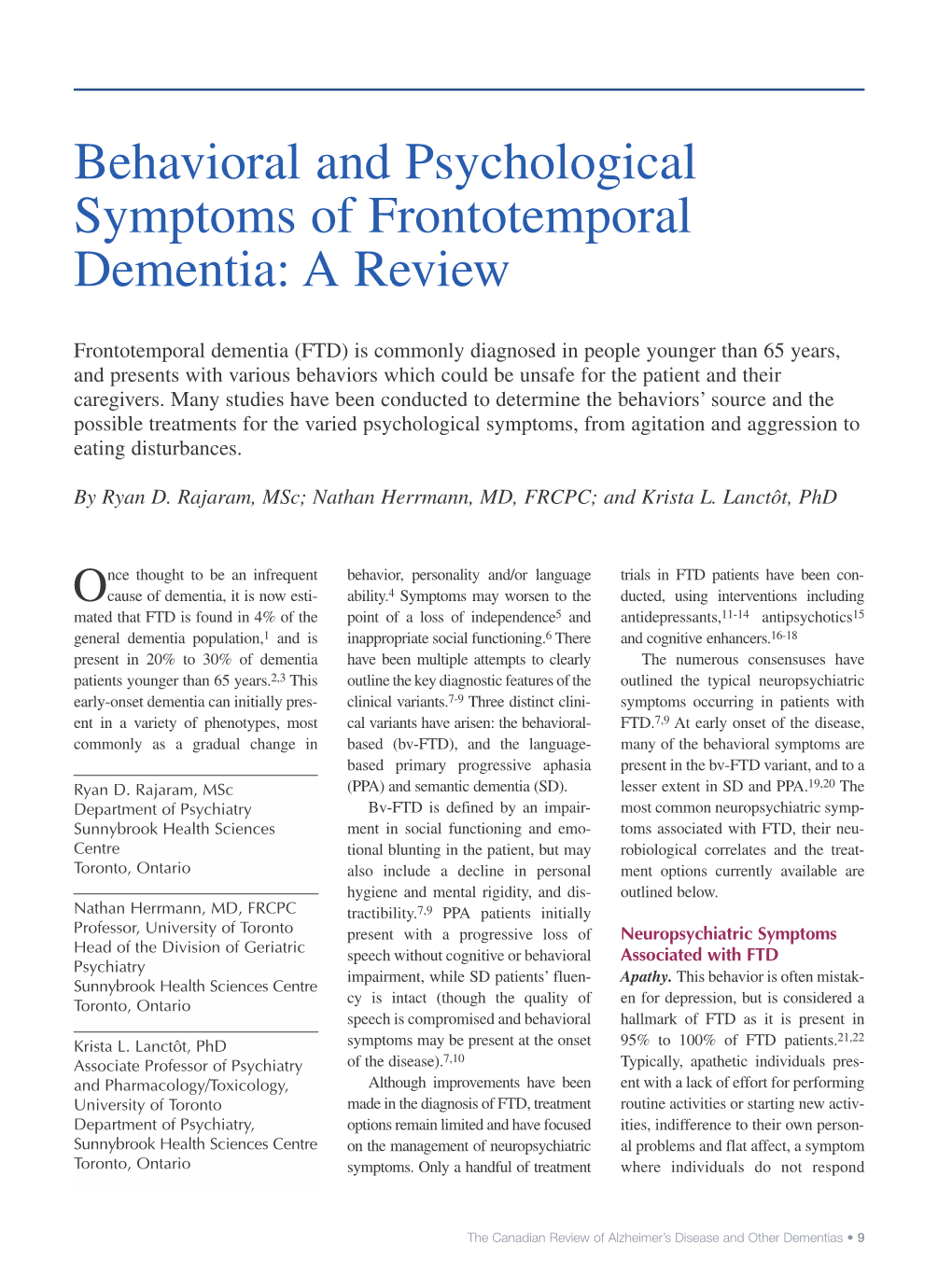 Behavioral and Psychological Symptoms of Frontotemporal Dementia: a Review