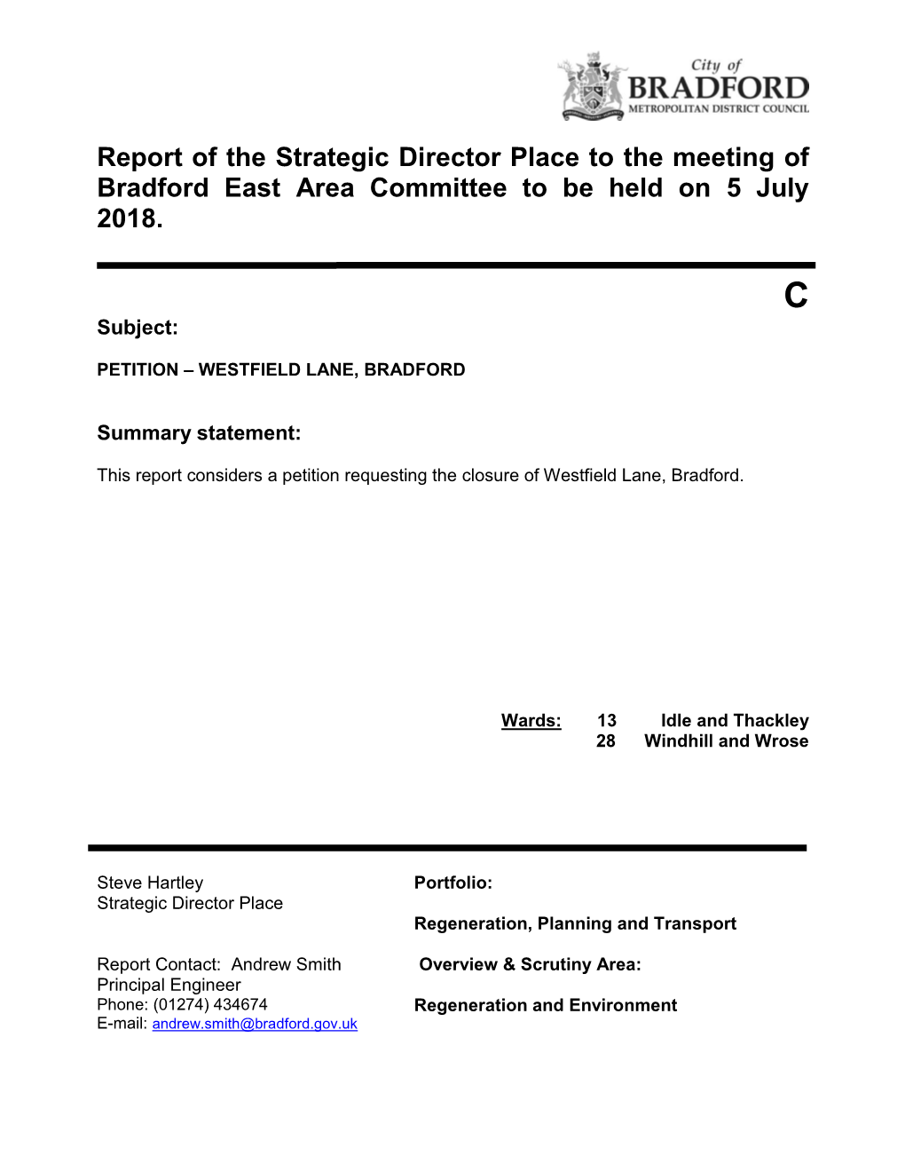 Petition – Westfield Lane, Bradford