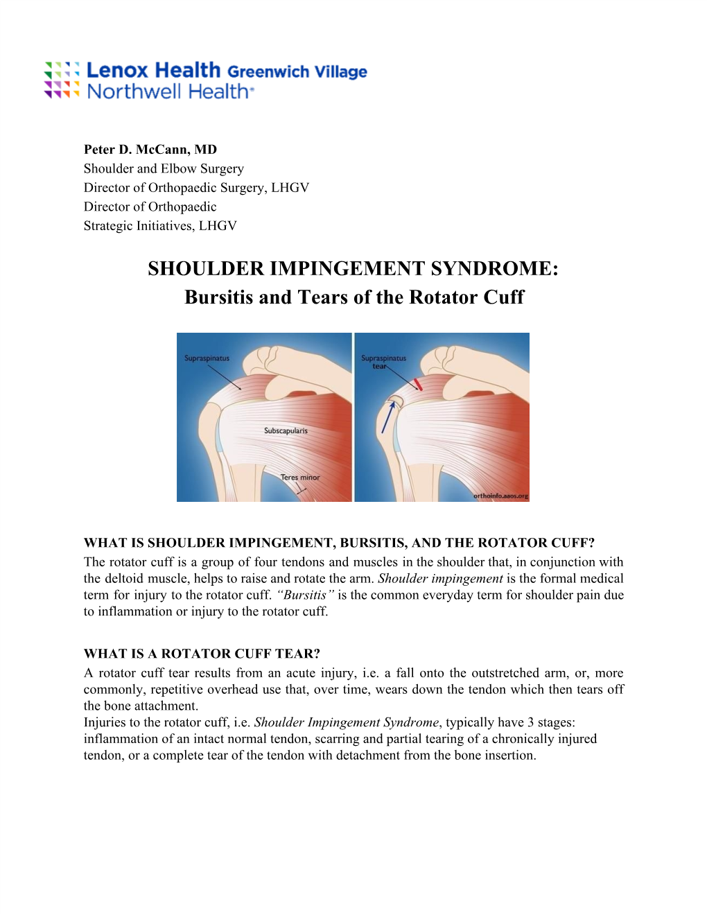 SHOULDER IMPINGEMENT SYNDROME: Bursitis and Tears of the Rotator Cuff