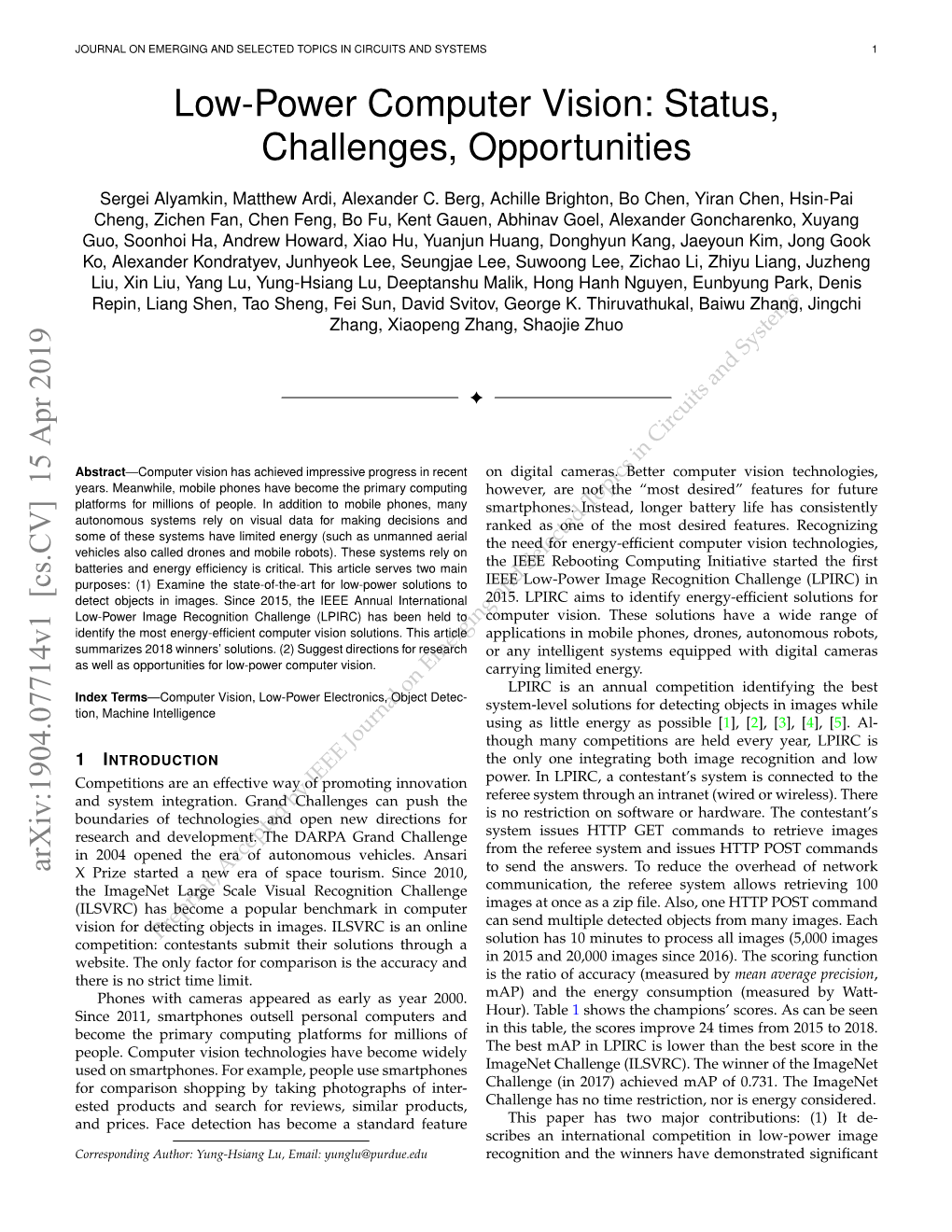 Low-Power Computer Vision: Status, Challenges, Opportunities