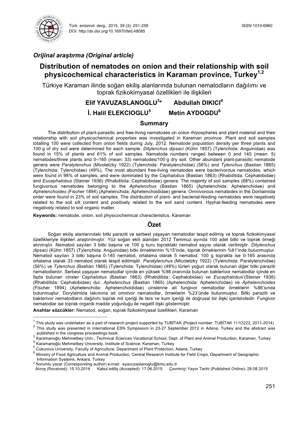 Distribution of Nematodes on Onion and Their Relationship with Soil