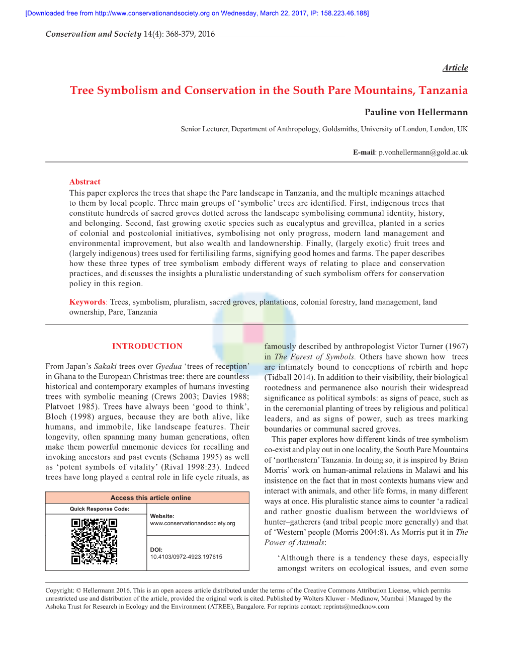 Tree Symbolism and Conservation in the South Pare Mountains, Tanzania