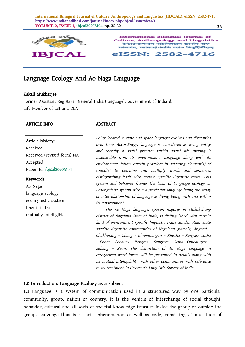 Language Ecology and Ao Naga Language