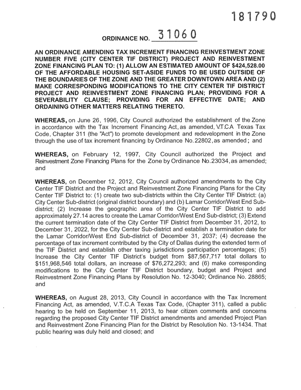 Ordinance No. an Ordinance Amending Tax Increment