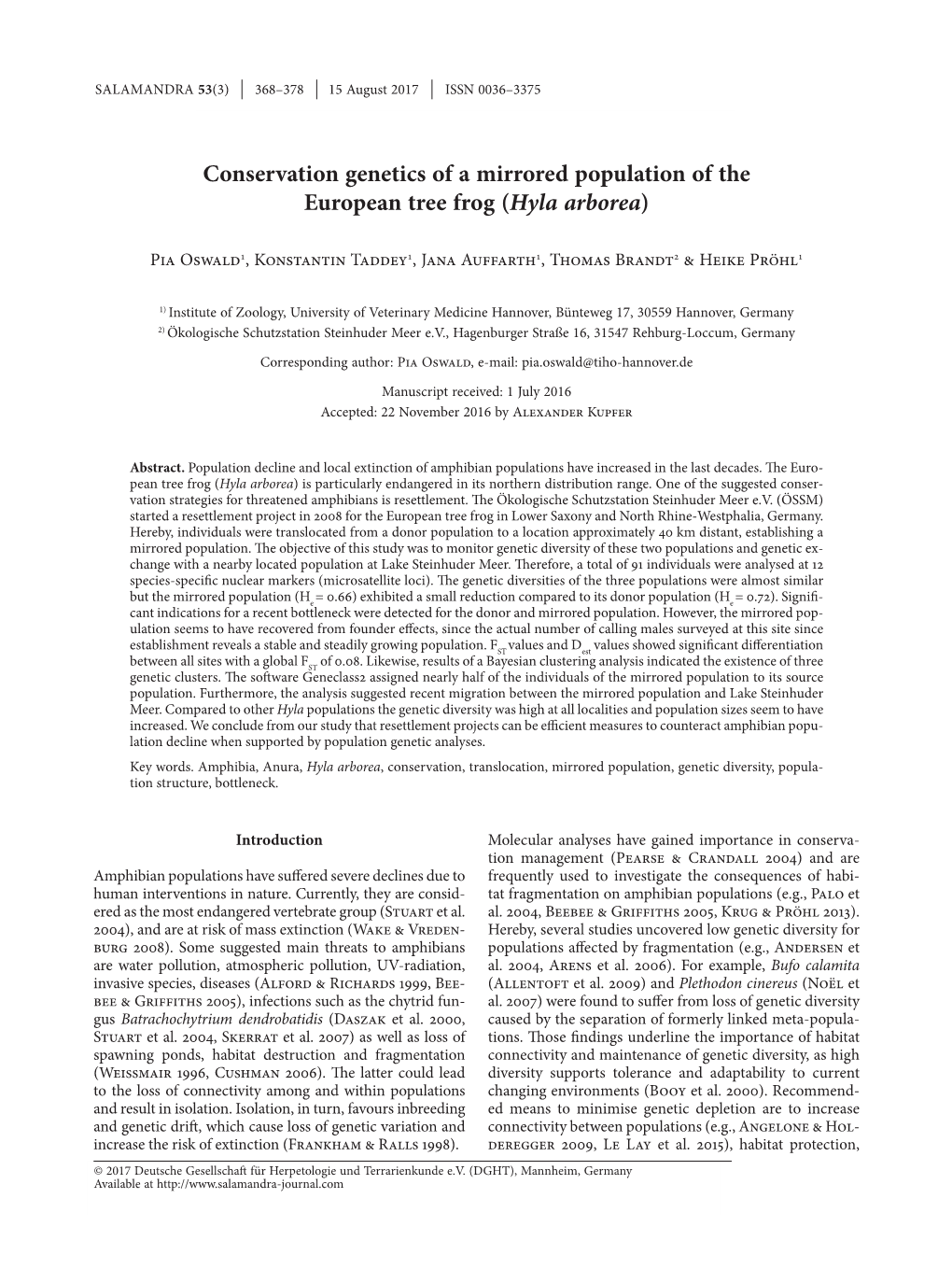 Conservation Genetics of a Mirrored Population of the European Tree Frog (Hyla Arborea)