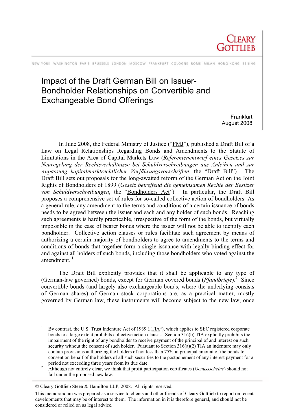 Impact of the Draft German Bill on Issuer- Bondholder Relationships on Convertible and Exchangeable Bond Offerings