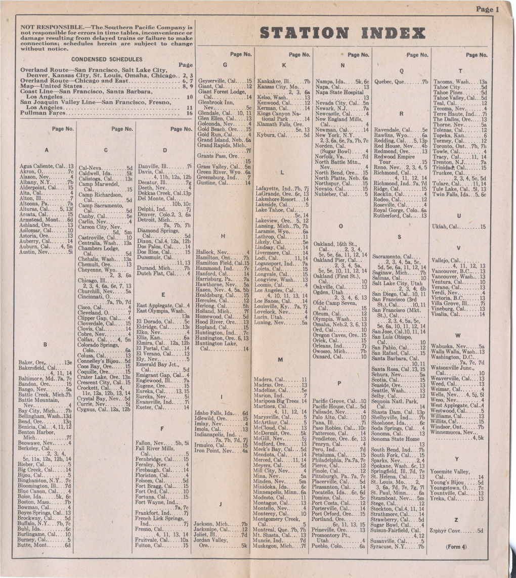 STATION INDEX Connections; Schedules Herein Are Subject to Change