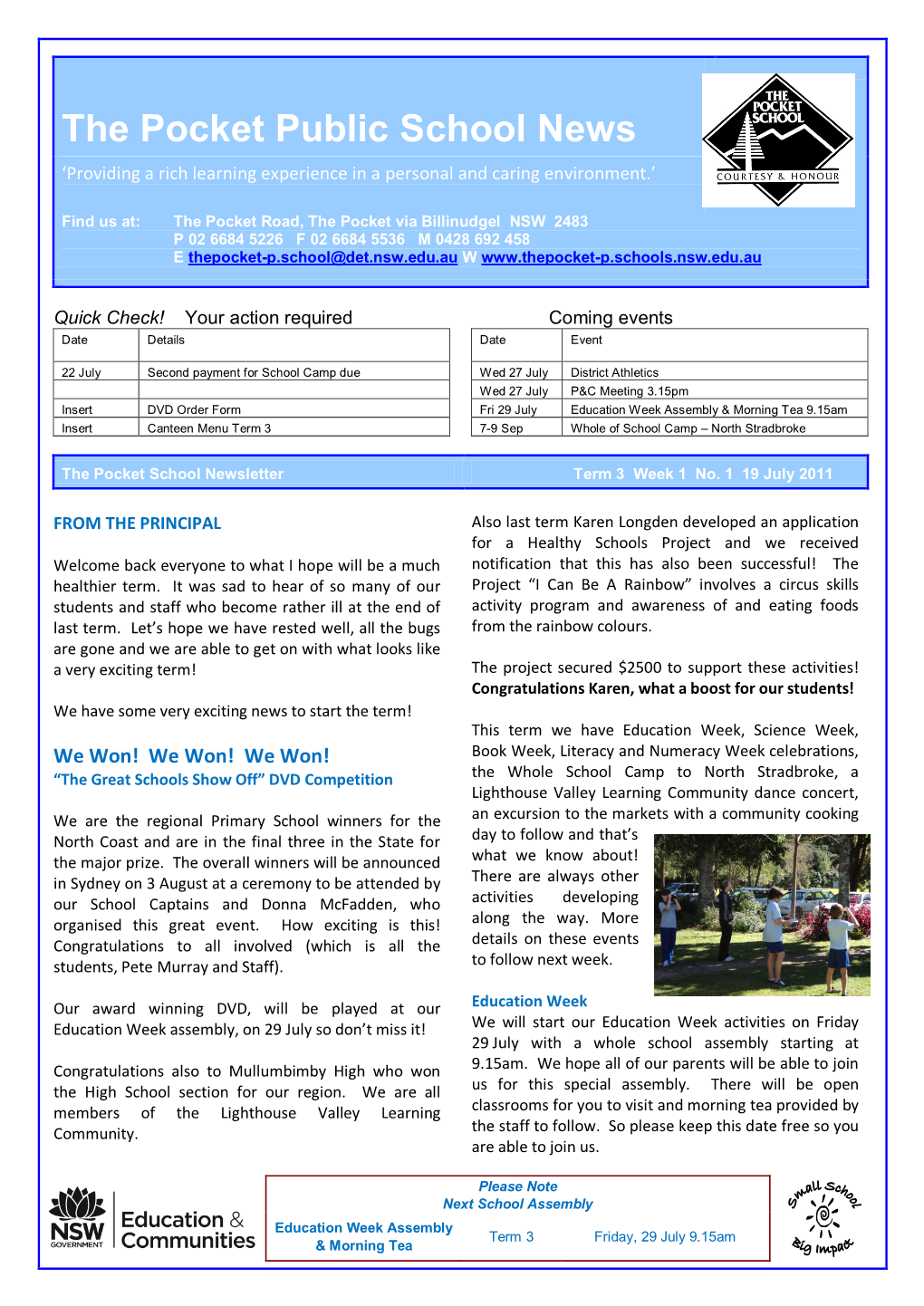 The Pocket Public School News ‘Providing a Rich Learning Experience in a Personal and Caring Environment.’