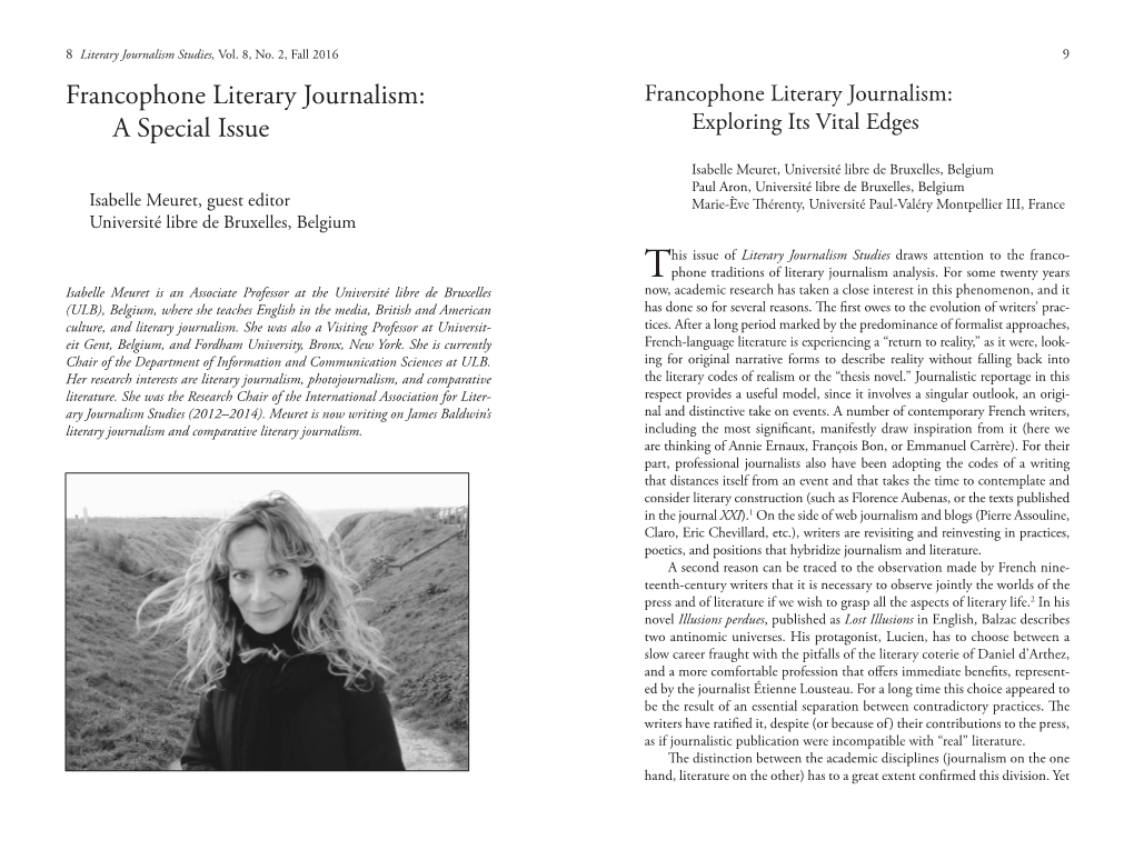 Francophone Literary Journalism: Francophone Literary Journalism: a Special Issue Exploring Its Vital Edges