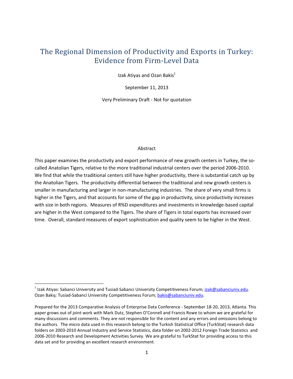The Regional Dimension of Productivity and Exports in Turkey: Evidence from Firm-Level Data
