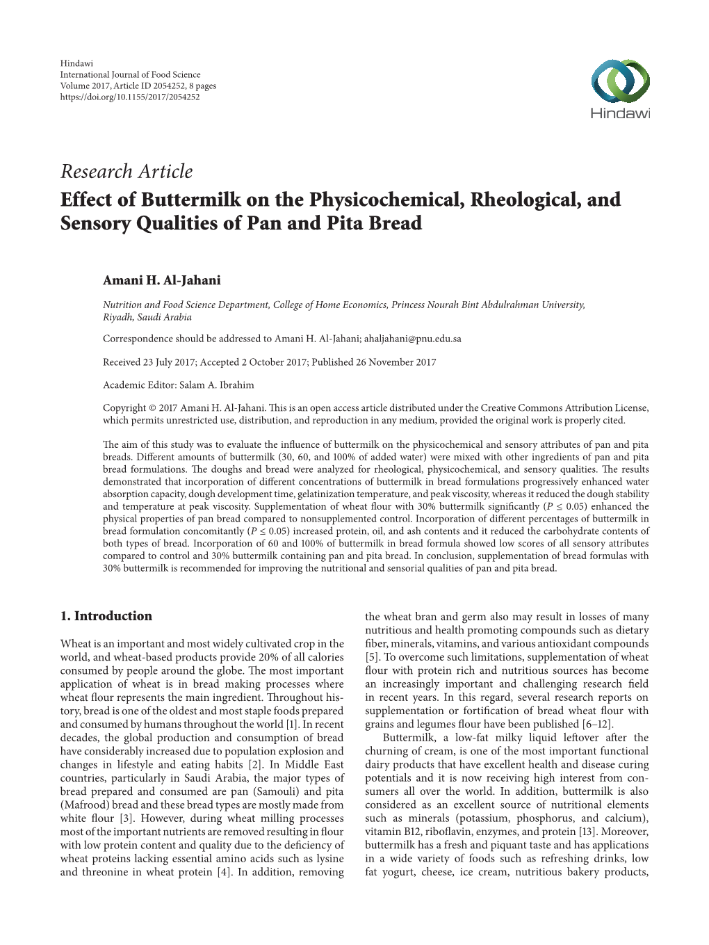 Research Article Effect of Buttermilk on the Physicochemical, Rheological, and Sensory Qualities of Pan and Pita Bread
