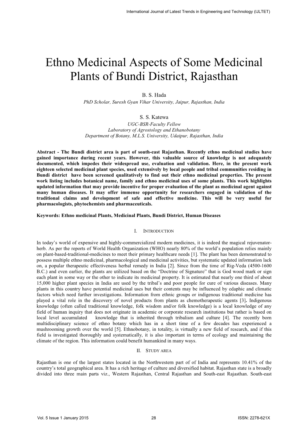 Ethno Medicinal Aspects of Some Medicinal Plants of Bundi District, Rajasthan