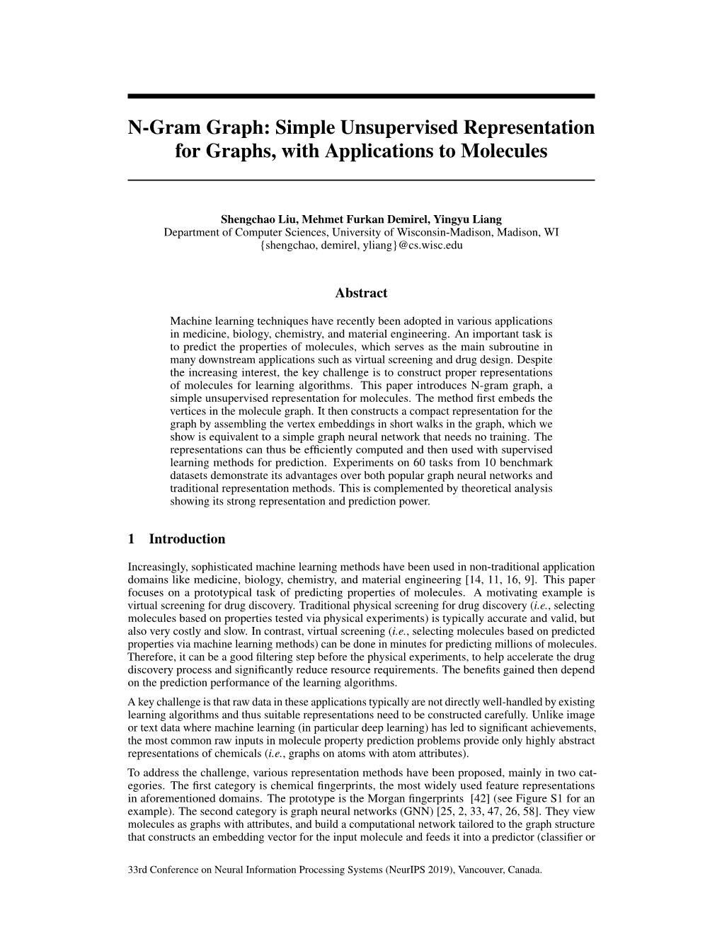 N-Gram Graph: Simple Unsupervised Representation for Graphs, with Applications to Molecules