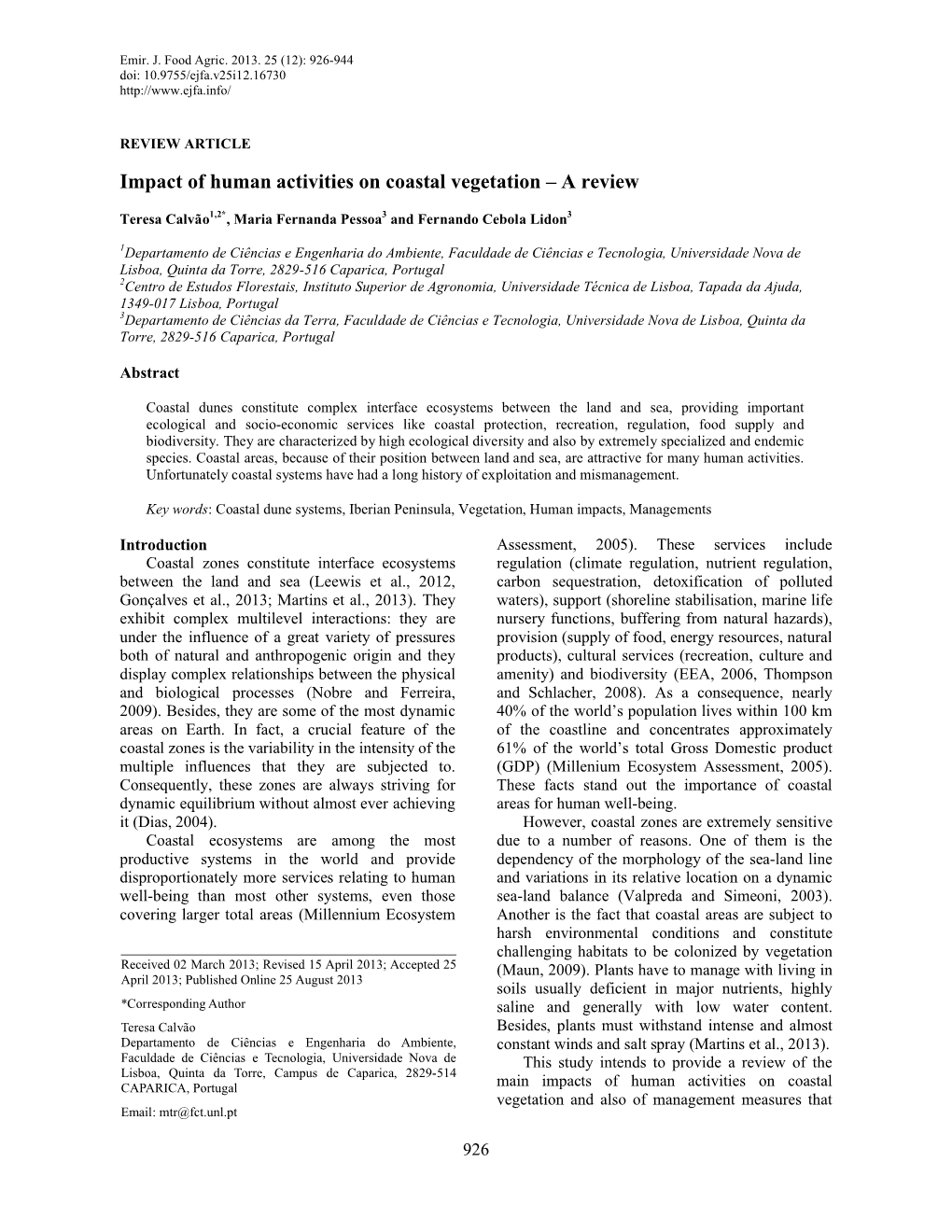 Impact of Human Activities on Coastal Vegetation – a Review