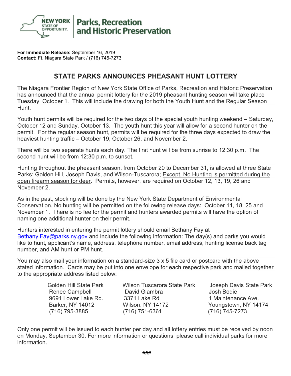 Niagara Pheasant Hunting Lottery