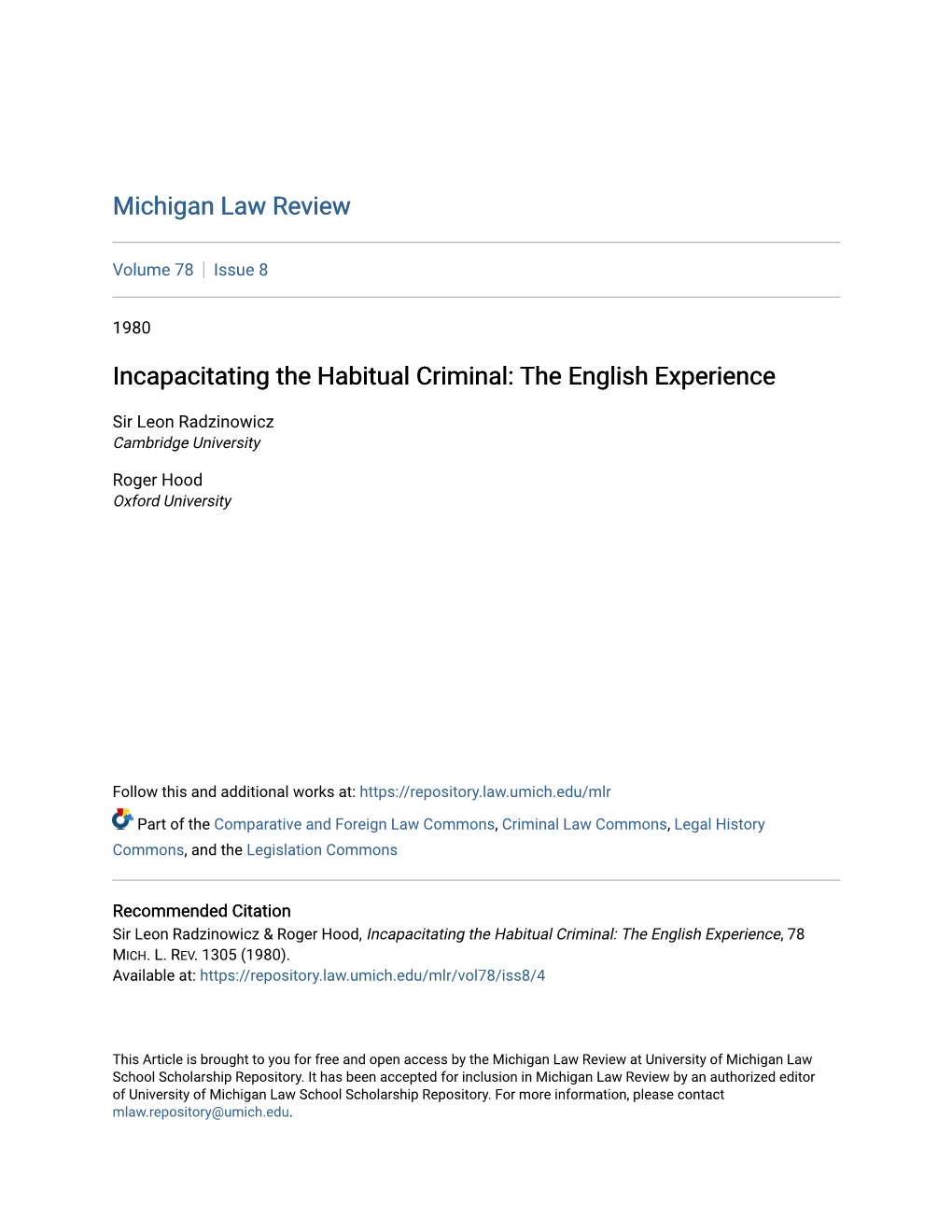 Incapacitating the Habitual Criminal: the English Experience