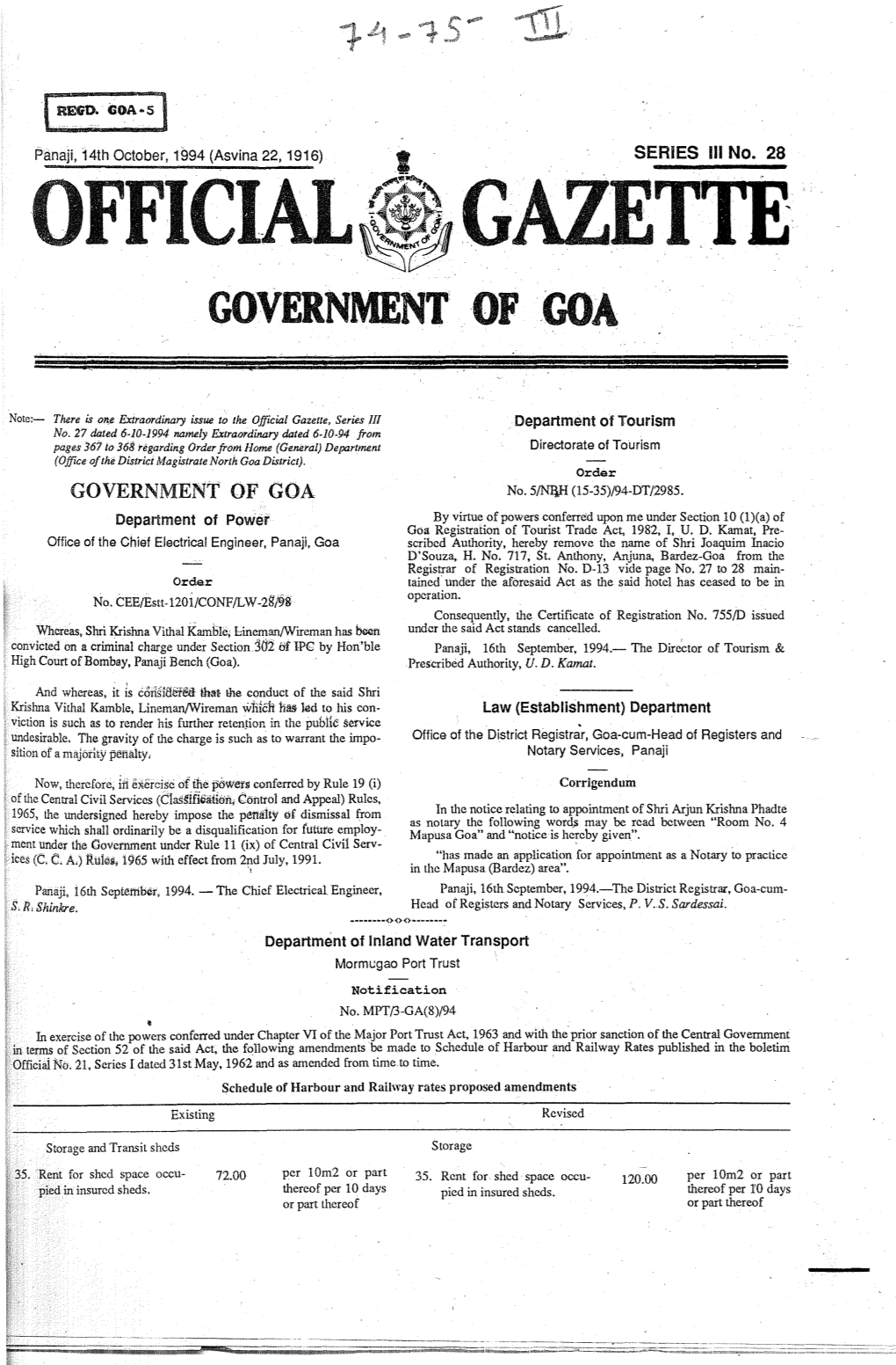 Fficialfiljgazette GOVERNMENT'of ,GOA