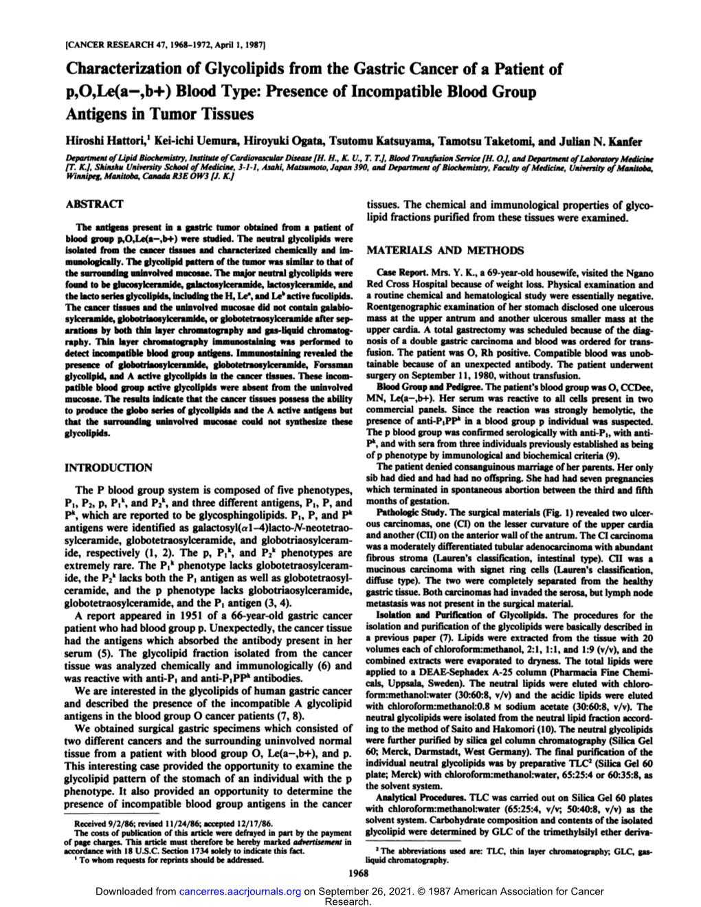 Characterization of Glycolipids from the Gastric