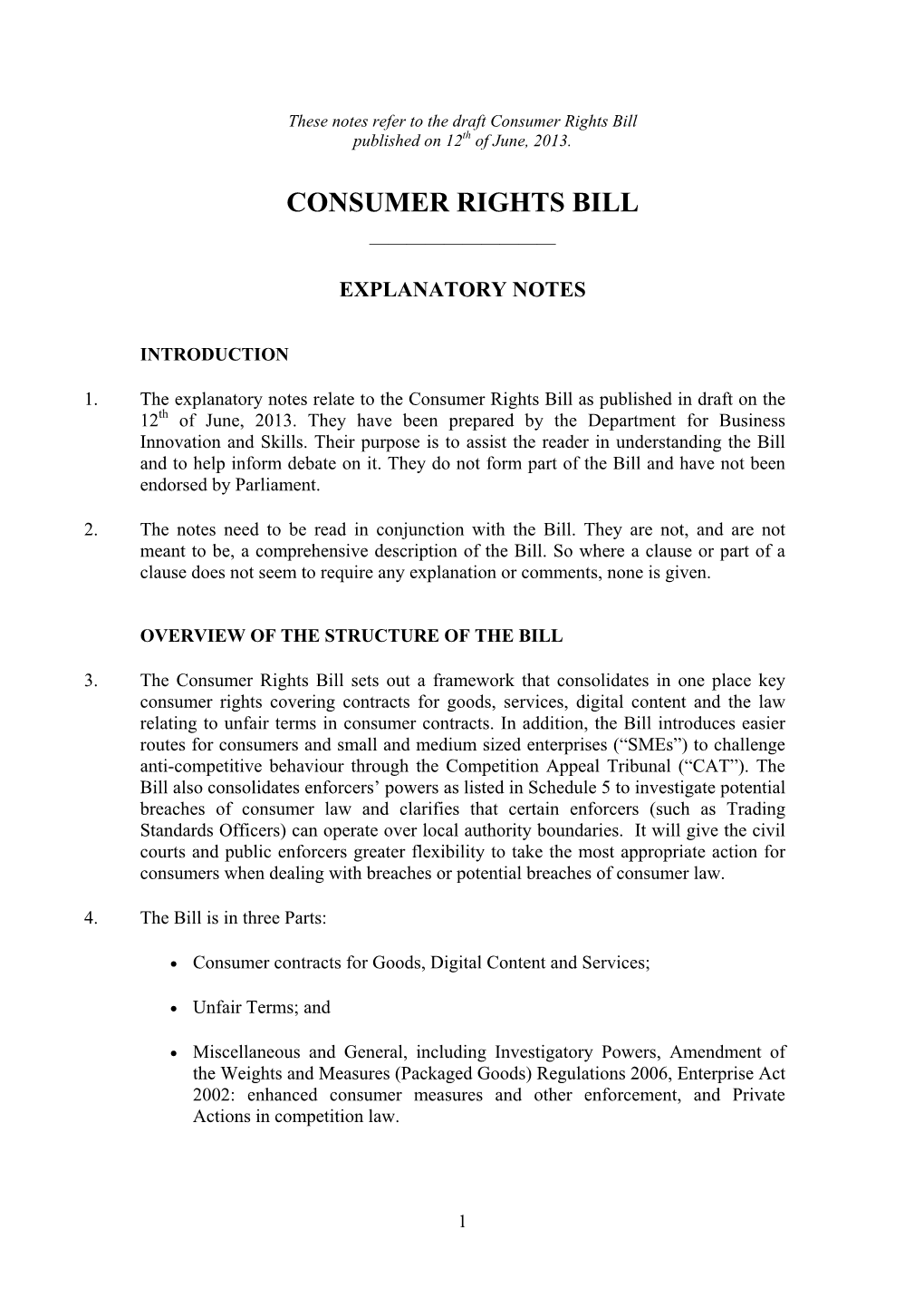 Draft Consumer Rights Bill: Explanatory Notes