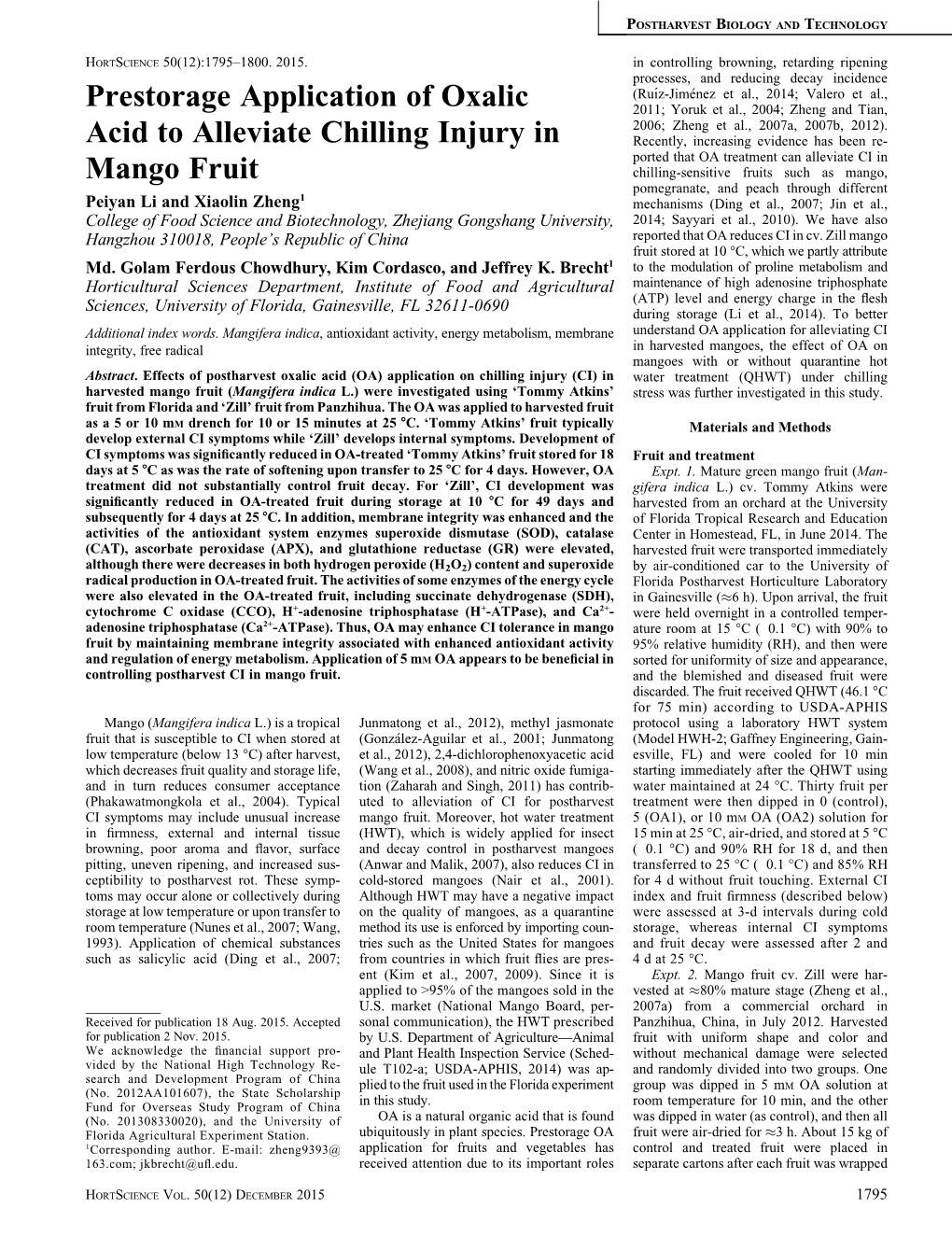 Prestorage Application of Oxalic Acid to Alleviate Chilling Injury in Mango