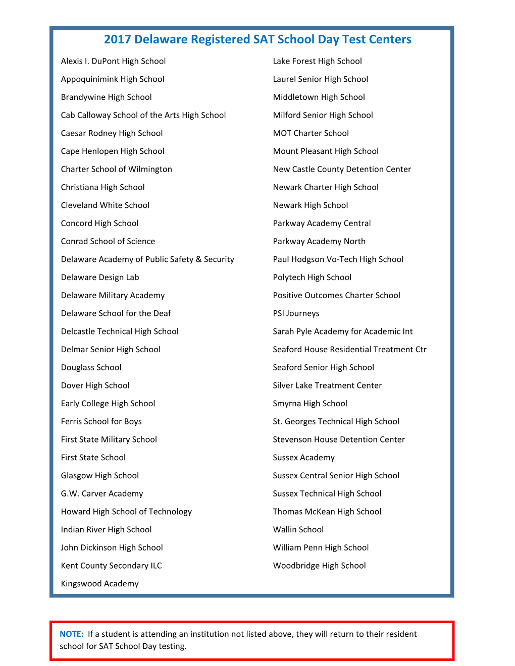 2017 Delaware Registered SAT School Day Test Centers