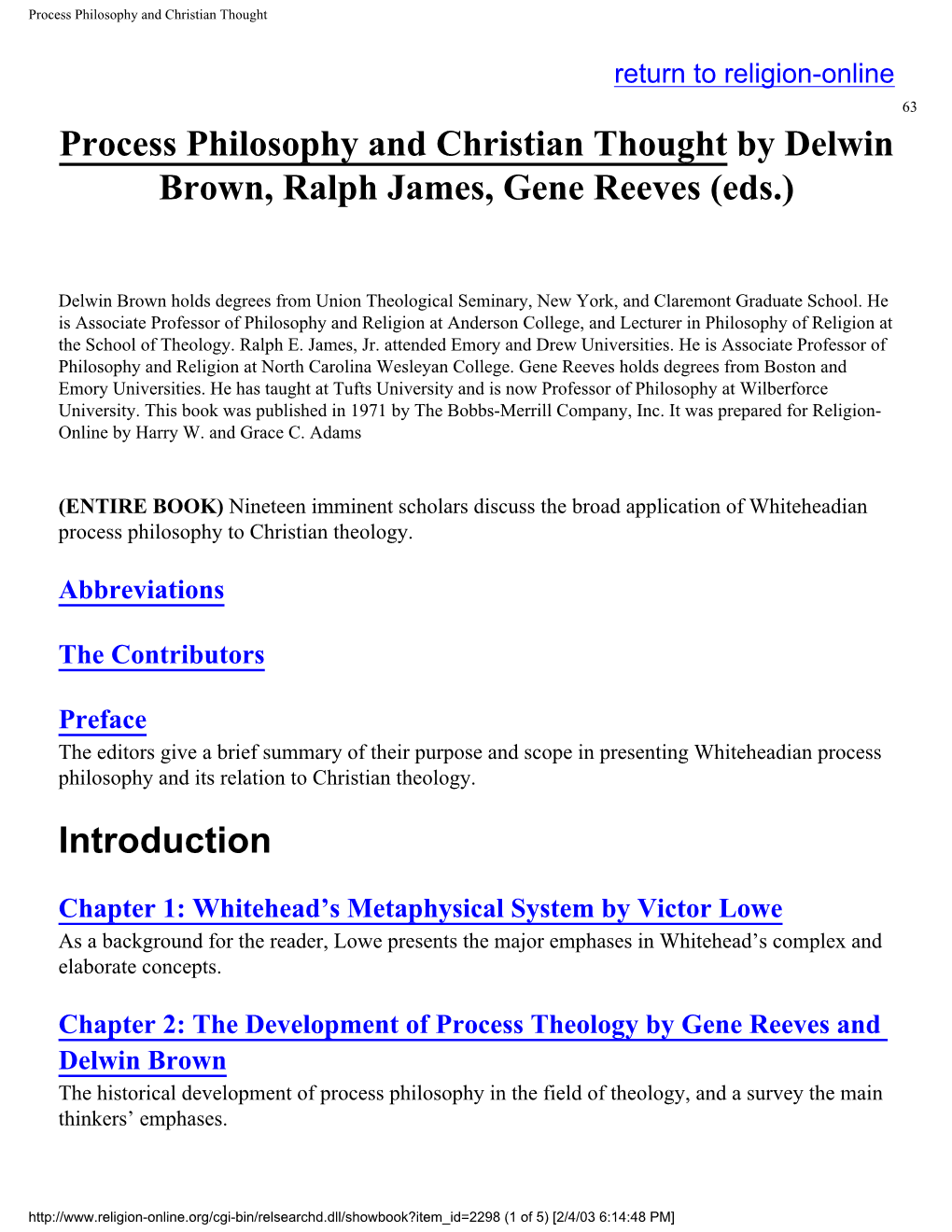 Process Philosophy and Christian Thought