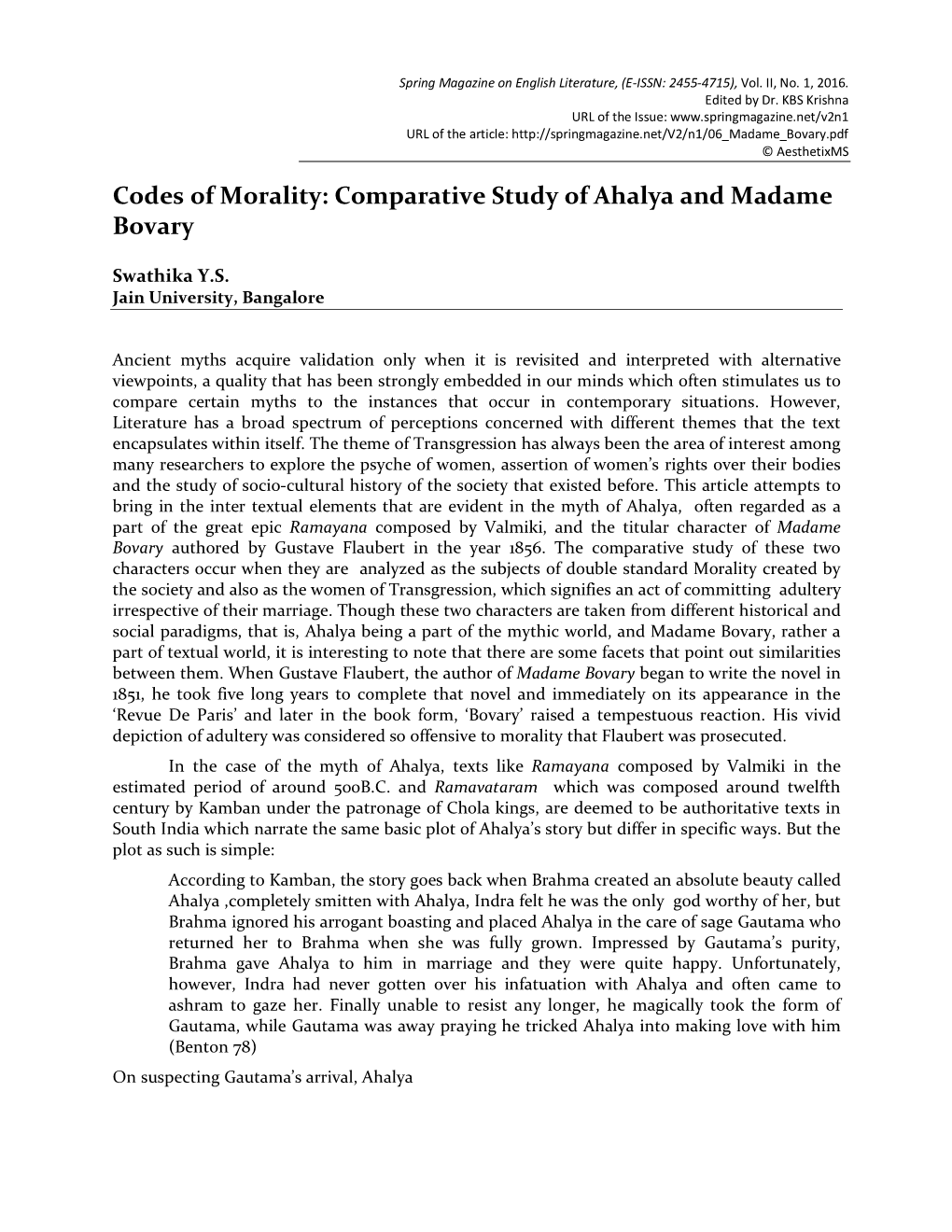 Codes of Morality: Comparative Study of Ahalya and Madame Bovary