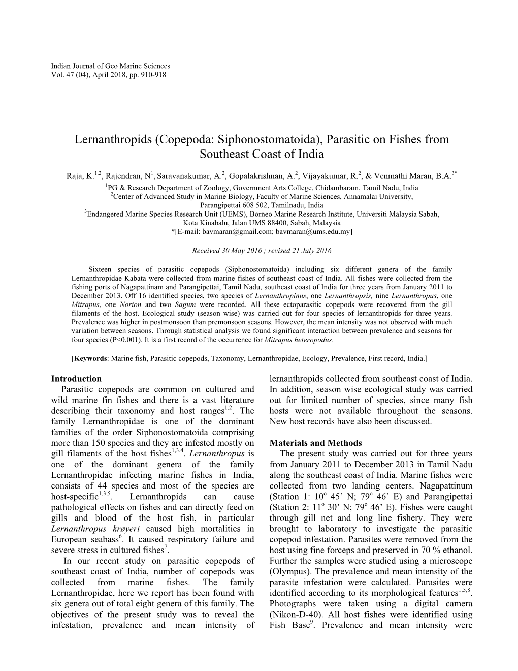 Lernanthropids (Copepoda: Siphonostomatoida), Parasitic on Fishes from Southeast Coast of India