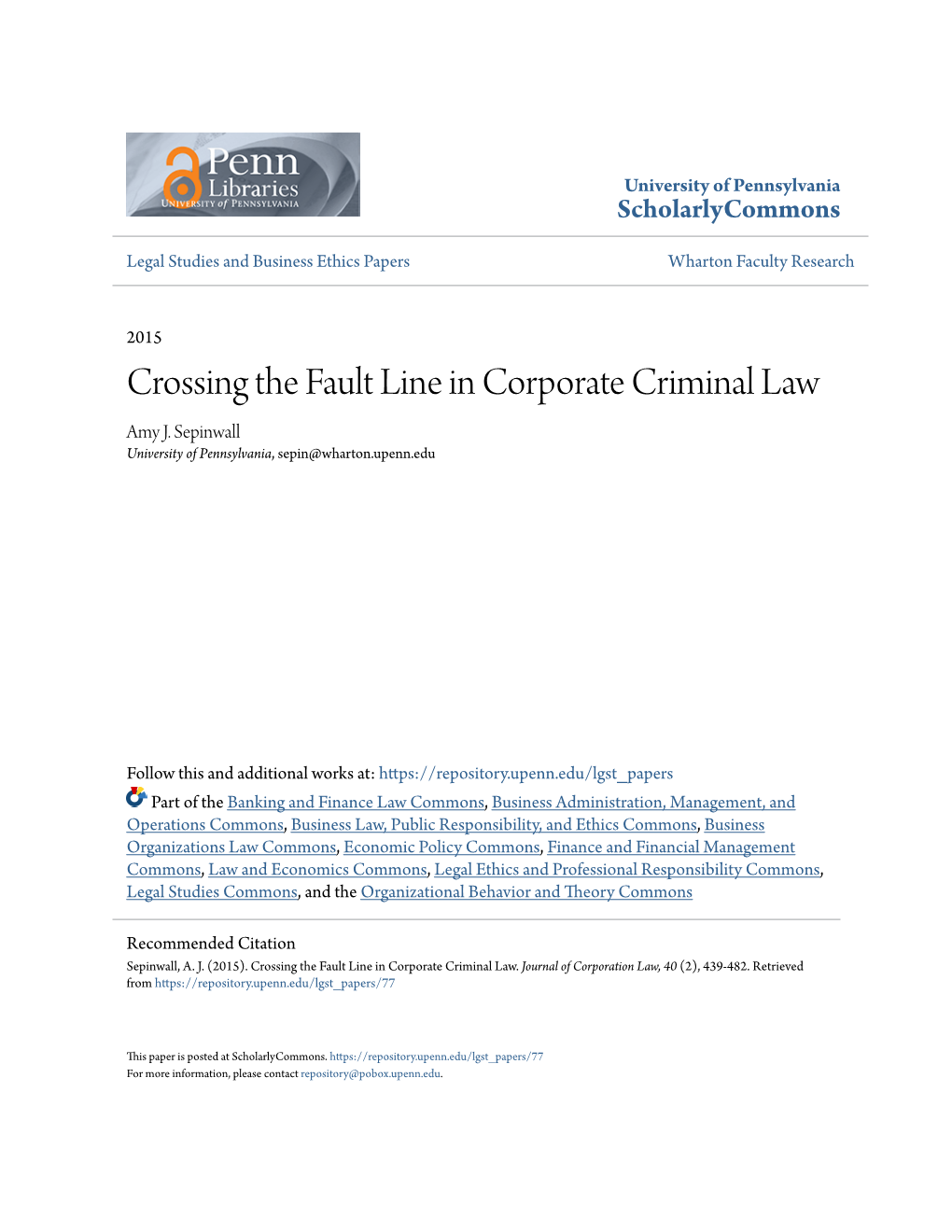 Crossing the Fault Line in Corporate Criminal Law Amy J