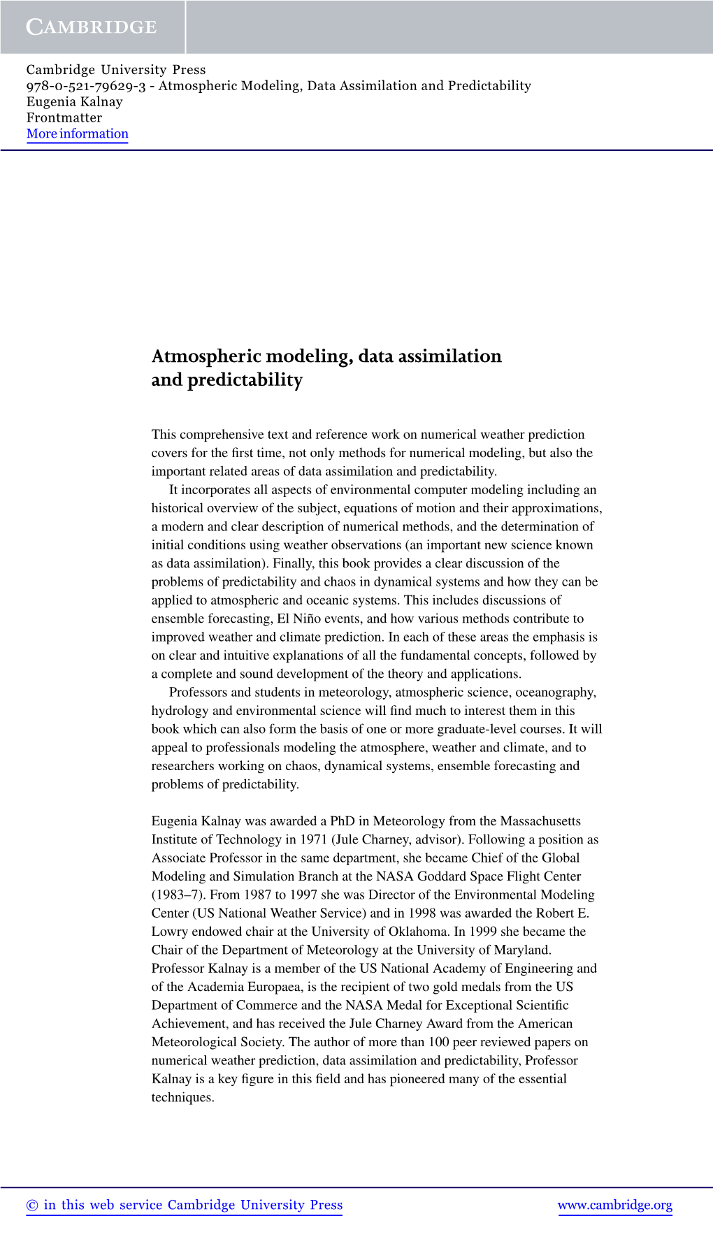 Atmospheric Modeling, Data Assimilation and Predictability Eugenia Kalnay Frontmatter More Information